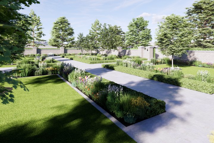 Concept render of a walled French colonial garden, with pale paths between flower beds edged with clipped hedging, lawns and trees, and stone pillars along the boundary wall