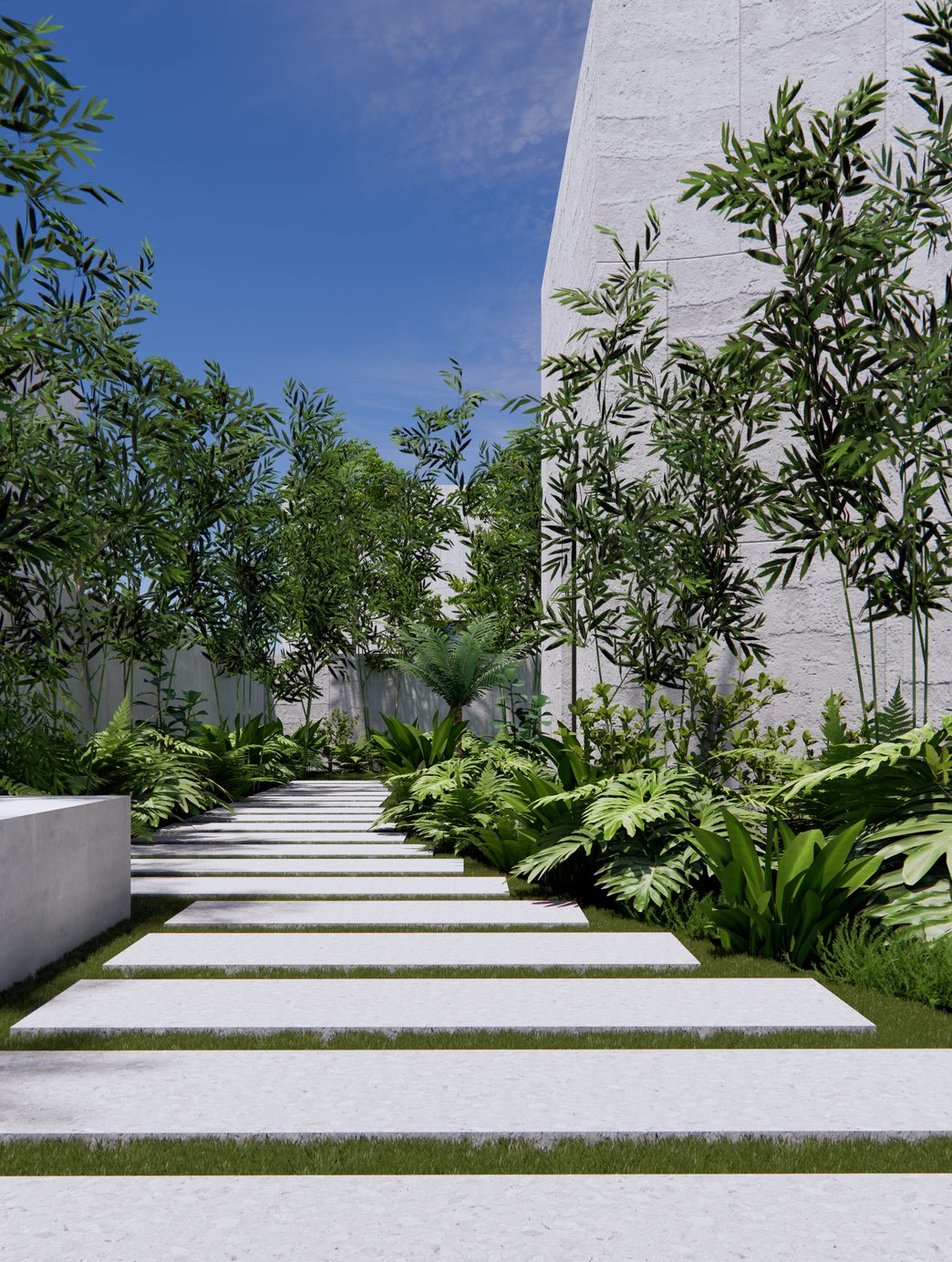 Concept render of stone stepping stones set into lawn, running between bamboo and ferns beside a concrete wall