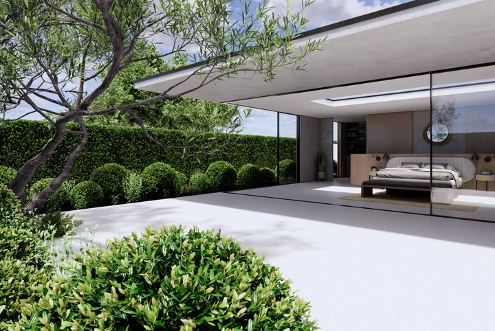 Clipped buxus balls and an olive tree edging a pale terrace, with a glass-walled bedroom pavilion beyond