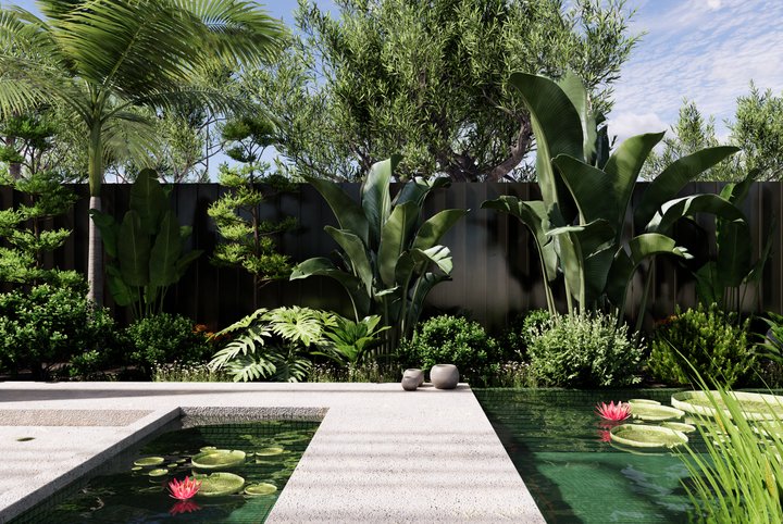 Bird of paradise, palms and monstera planted against a dark slatted fence, beside a green-tiled lily pond