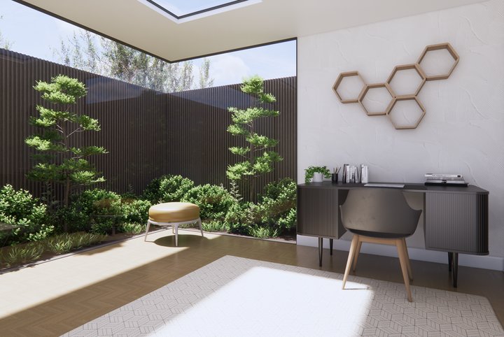 Garden room opening onto a courtyard of cloud-pruned conifers and clipped shrubs behind a dark slatted screen